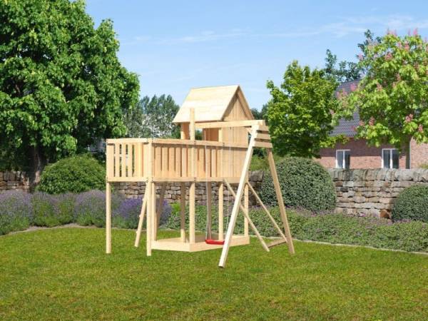 Akubi Stelzenhaus Frieda + Einzelschaukel + Anbauplattform XL + Netzrampe