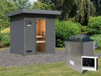 Karibu Saunahaus Caapi 2, terragrau, inkl. 9 kW Ofen finnisch ext. Steuerung, mit Klarglastür und Fußboden