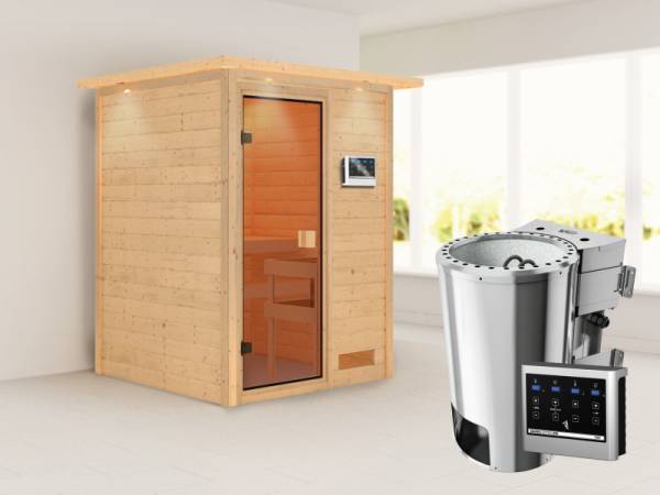 Nadja - Karibu Sauna Plug &amp; Play inkl. 3,6 kW-Bioofen - mit Dachkranz -