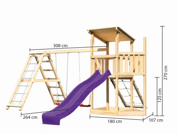 Akubi Spielturm Anna + Rutsche violett + Doppelschaukelanbau Klettergerüst + Netzrampe + Schiffsanbau oben