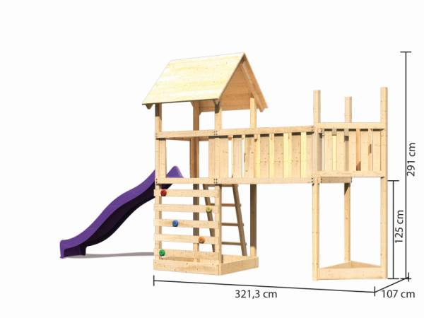 Akubi Spielturm Lotti Satteldach + Schiffsanbau oben + Anbauplattform XL + Kletterwand + Rutsche in violett