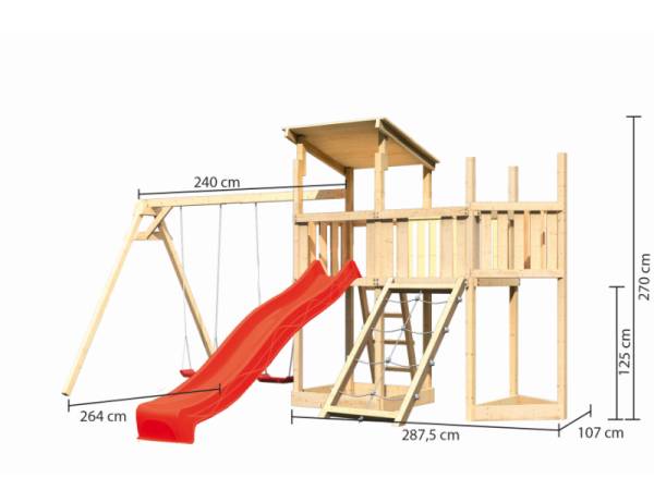 Akubi Spielturm Anna + Rutsche rot + Doppelschaukel + Anbauplattform + Netzrampe + Schiffsanbau oben