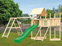 Akubi Spielturm Lotti Satteldach + Schiffsanbau oben + Anbauplattform + Doppelschaukel mit Klettergerüst + Netzrampe + Rutsche in grün