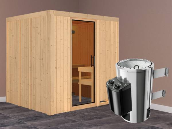 Daria - Karibu Sauna Plug &amp; Play 3,6 kW Ofen, int. Steuerung - ohne Dachkranz - Moderne Saunatür