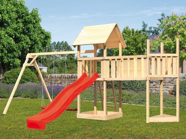 Akubi Spielturm Lotti Satteldach + Schiffsanbau oben + Doppelschaukel + Anbauplattform XL + Rutsche in rot