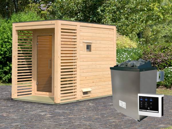 Osb smart choice Saunahaus Patio 1, 38 mm naturbelassen -inkl. 9 kW Ofen ext. Steuerung- inkl. Dacheindeckung und Fußboden