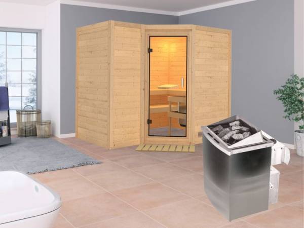 Karibu Aktionssauna Edda 2 mit 9 kW Ofen integr. Strg. ohne Dachkranz Karibu Aktionssauna Edda 2 mit 9 kW Ofen integr. Strg. ohne Dachkranz