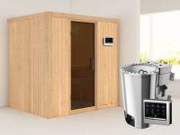 Fanja - Karibu Sauna Plug & Play 3,6 kW Bio Ofen, ext. Steuerung - ohne Dachkranz - Moderne Saunatür