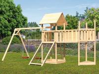Akubi Spielturm Lotti Satteldach + Schiffsanbau oben + Doppelschaukel + Anbauplattform XL + Netzrampe