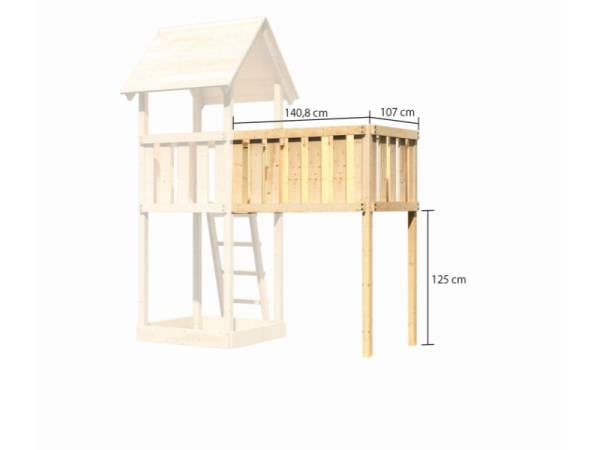 Akubi Spielturm Lotti Satteldach + Rutsche violett + Doppelschaukel + Anbauplattform XL + Netzrampe