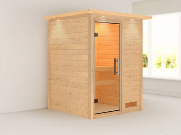 Nadja - Karibu Sauna Plug & Play ohne Ofen - mit Dachkranz - Klarglas Ganzglastür Nadja - Karibu Sauna Plug & Play ohne Ofen - mit Dachkranz - Klarglas Ganzglastür