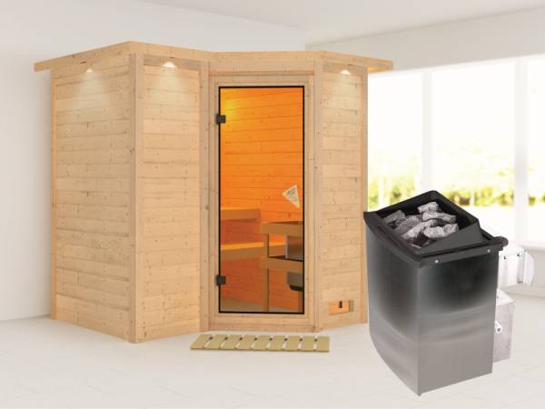 Karibu SaunaSahib 1 inkl. 9 kW Ofen integr. Steuerung, mit klassischer Saunatür -mit Dachkranz-