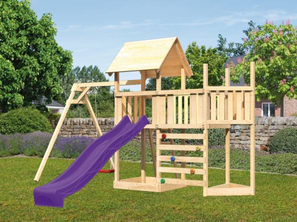 Akubi Spielturm Lotti Satteldach + Schiffsanbau oben + Anbauplattform + Einzelschaukel + Kletterwand + Rutsche in violett