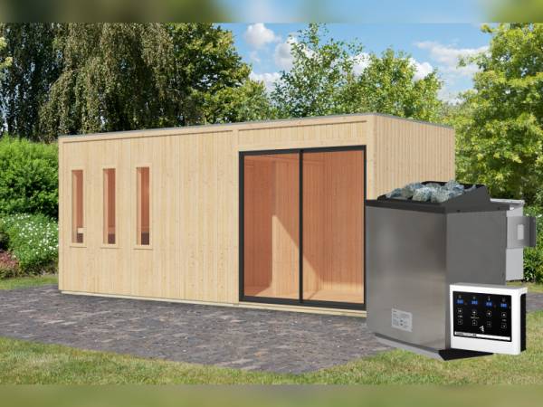 Karibu Saunahaus Monterey, natur, inkl. 9 kW Bioofen ext. Steuerung, mit Séparée im Vorraum, 73 mm Karibu Saunahaus Monterey, natur, inkl. 9 kW Bioofen ext. Steuerung, mit Séparée im Vorraum, 73 mm