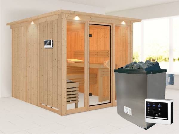 Karibu Sauna Askja 68 mm- 9 kW Ofen ext.Strg- mit Dachkranz