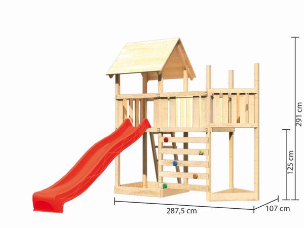 Akubi Spielturm Lotti Satteldach + Schiffsanbau oben + Anbauplattform + Kletterwand + Rutsche in rot