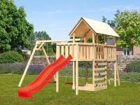 Akubi Spielturm Danny Satteldach + Rutsche rot + Doppelschaukel + Anbauplattform + Kletterwand