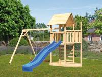 Akubi Spielturm Lotti Satteldach + Schiffsanbau oben + Doppelschaukel + Kletterwand + Rutsche in blau