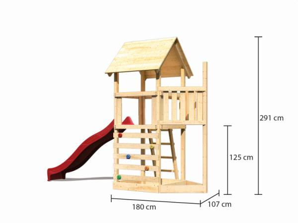 Akubi Spielturm Lotti Satteldach + Schiffsanbau oben + Kletterwand + Rutsche in rot