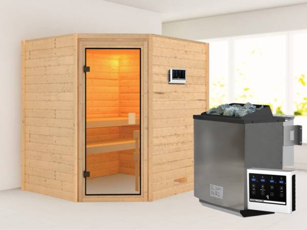 Karibu Sauna Elea inkl. 9 kW Bioofen ext. Steuerung mit klassischer Saunatür -ohne Dachkranz-
