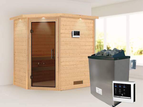 Karibu Sauna Svea inkl. 9 kW Ofen ext. Steuerung mit moderner Tür -mit Dachkranz-