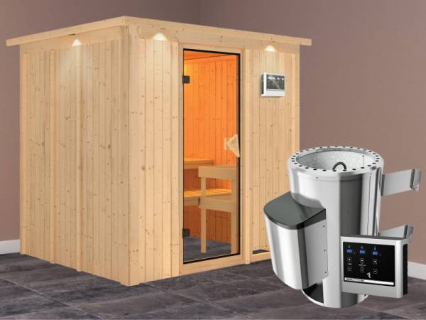 Daria - Karibu Sauna Plug &amp; Play SPARSET inkl. 3,6 kW Ofen, Dachkranz, Leuchte, Zubehör-Set