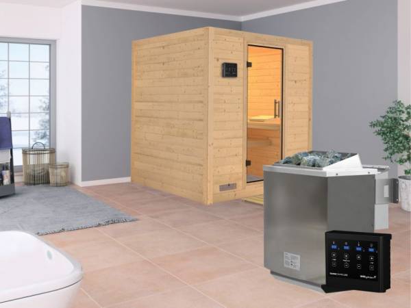 Karibu Aktionssauna Floki mit 9 kW BIO-Ofen ext. Strg. ohne Dachkranz Karibu Aktionssauna Floki mit 9 kW BIO-Ofen ext. Strg. ohne Dachkranz