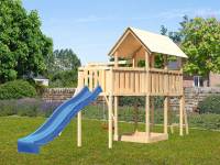 Akubi Spielturm Danny Satteldach + Rutsche blau + Einzelschaukel + Anbauplattform XL