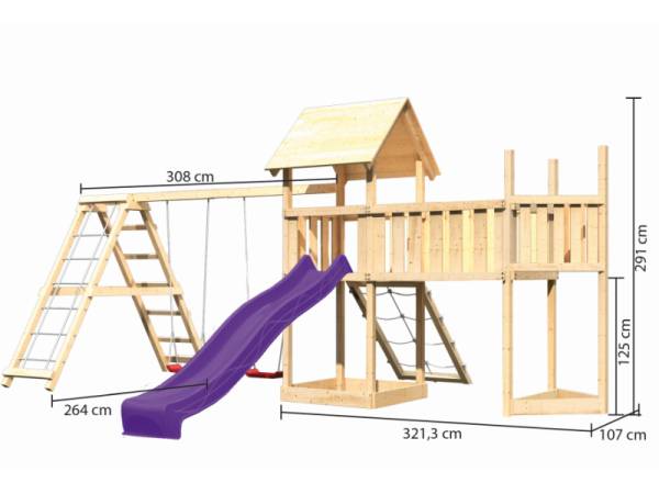 Akubi Spielturm Lotti Satteldach + Schiffsanbau oben + Doppelschaukel mit Klettergerüst + Anbauplattform XL + Netzrampe + Rutsche in violett