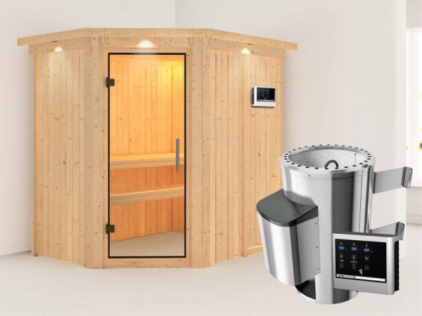 Saja - Karibu Sauna Plug & Play 3,6 kW Ofen, ext. Steuerung - mit Dachkranz - Klarglas Ganzglastür