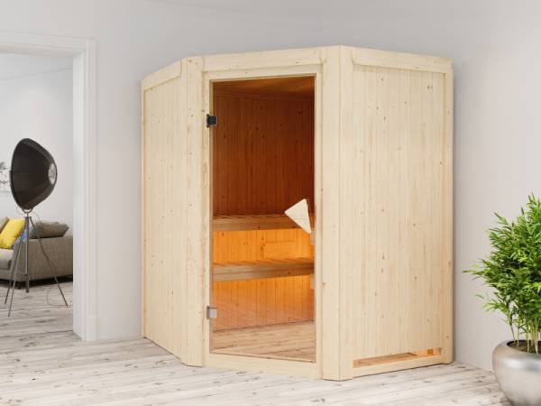 Karibu Sauna Larin inkl. 9 kW Ofen integrierte Steuerung, mit bronzierter Ganzglastür - ohne Dachkranz -