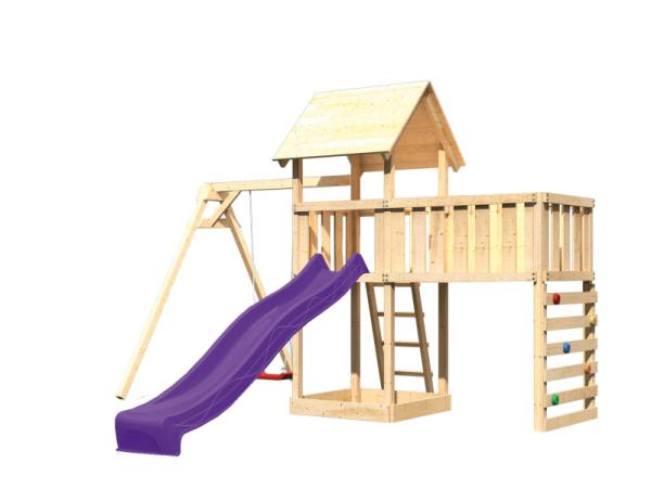 Akubi Spielturm Lotti Satteldach + Rutsche violett + Einzelschaukel + Anbauplattform XL + Kletterwand