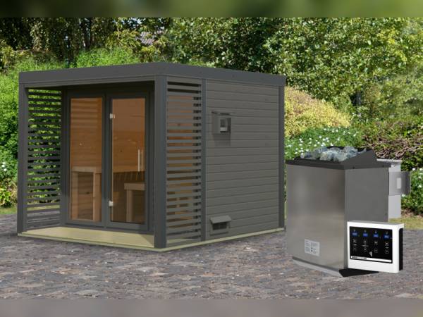 Karibu Hybrid Saunahaus Ares 3, terragrau/anthrazit -inkl. 9 kW Bioofen ext. Steuerung-