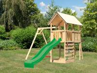 Akubi Spielturm Danny Satteldach + Rutsche grün + Einzelschaukel + Kletterwand