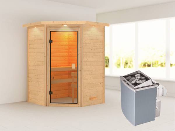 Karibu Sauna Antonia mit 4,5 kW Ofen int. Strg mit Dachkranz 38mm Karibu Sauna Antonia mit 4,5 kW Ofen int. Strg mit Dachkranz 38mm