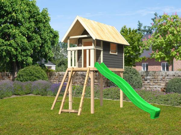 Akubi Stelzenhaus Gernegross terragrau mit Rutsche in grün + Netzrampe