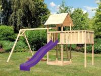 Akubi Spielturm Lotti natur mit Anbauplattform XL, Doppelschaukel und Rutsche violett