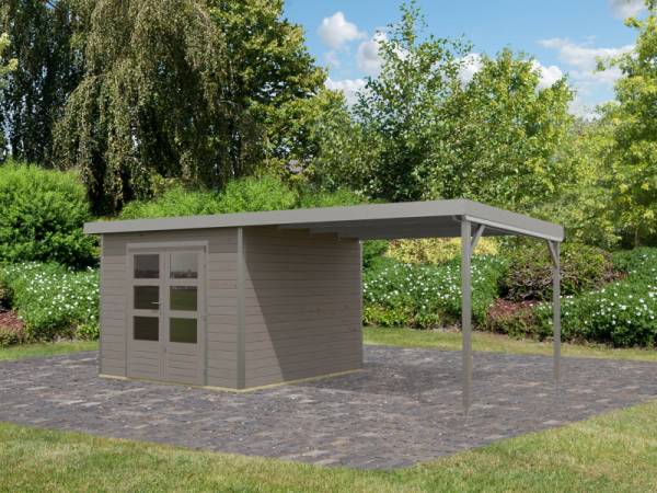 Osb smart choice Hybrid Gartenhaus Woodtallic D, wassergrau/staubgrau im Set mit Fußboden, inkl. 3 m Anbaudach