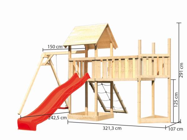 Akubi Spielturm Lotti Satteldach + Schiffsanbau oben + Einzelschaukel + Anbauplattform XL + Netzrampe + Rutsche in rot