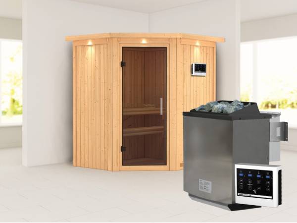 Karibu Sauna Taurin inkl. 9 kW Bioofen ext. Steuerung, mit moderner Saunatür - mit Dachkranz -