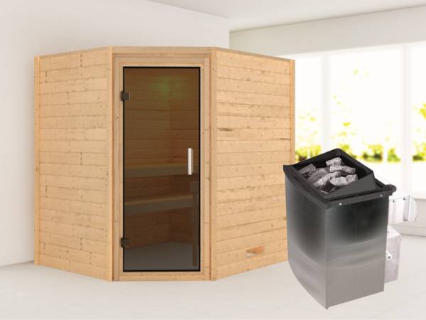Karibu Sauna Mia inkl. 9 kW Ofen integr. Steuerung, mit moderner Saunatür -ohne Dachkranz-