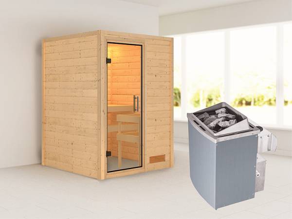 Karibu Woodfeeling Sauna Svenja- Klarglas Saunatür- 4,5 kW Ofen integr. Strg- ohne Dachkranz