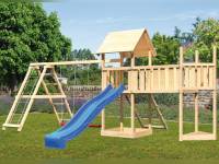 Akubi Spielturm Lotti Satteldach + Schiffsanbau oben + Doppelschaukel mit Klettergerüst + Anbauplattform XL + Netzrampe + Rutsche in blau