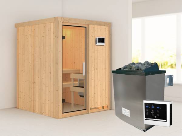 Karibu Sauna Norin- Klarglas Saunatür- 4,5 kW Ofen ext. Strg- ohne Dachkranz