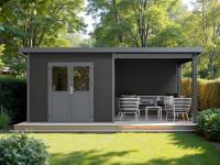 WPC Gartenhaus Linia 5628 mit Anbaudach und Rückwand, inkl. Dachrinnen-Set, Anthrazit