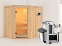 Saja - Karibu Sauna Plug & Play 3,6 kW Ofen, ext. Steuerung - ohne Dachkranz - Klarglas Ganzglastür