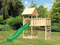 Akubi Spielturm Lotti natur mit Anbauplattform XL, Kletterwand und Rutsche grün