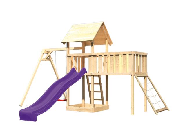 Akubi Spielturm Lotti Satteldach + Rutsche violett + Einzelschaukel + Anbauplattform XL + Netzrampe