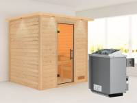 Karibu Sauna Anja inkl. 9 kW Ofen integr. Steuerung, mit Klarglas Saunatür -mit Dachkranz-