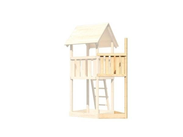 Akubi Spielturm Lotti Satteldach + Schiffsanbau oben + Anbauplattform + Einzelschaukel + Kletterwand + Rutsche in rot